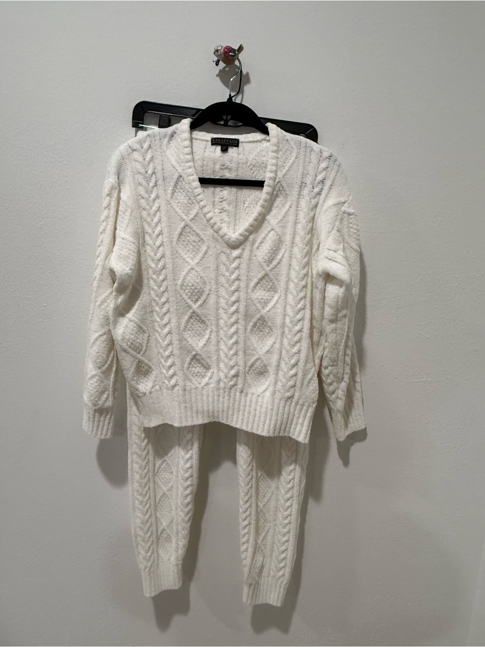 P.J. Salvage Cream Cable Knit V-Neck Sweater and Pant Set
